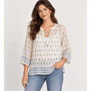 Joie Medium 100% Silk Ikat Tassel Tie Boho Peasant Blouse Ivory Blue Sheer Work